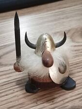 Vintage Denmark Scandinavian Wood Viking Horns Fuzzy Beard Shield Figurine picture