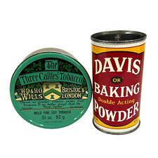 Vtg. Three Castles Tobacco Tin Can England/Davis Ok Baking Double Action Powder picture