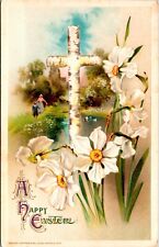 Vintage John Winsch Wood Cross,Pilgrims, Lillies, Flowers,Church,Easter Postcard picture