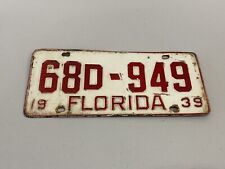 Vintage Florida License Plate 1939 White Red 68D-949 picture