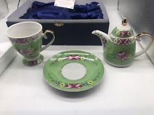 Vintage SORELLE Fine Porcelain Tea Set For One Green With Flowers Gold picture