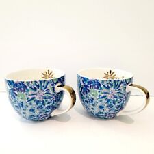 2 Lilly Pulitzer Coffee Mugs Cups Blue Green Floral High Maintenance Gold Handle picture