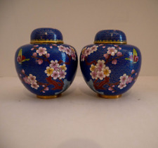 Pair of Plum Blossom Chinese Cloisonne Ginger Jars Urns Flower, Butterfly Motif picture