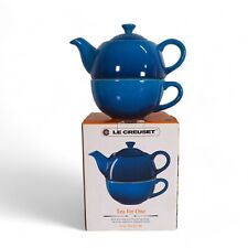 Le Creuset Stoneware Tea for One Ceramic Pot and Cup Marseille Blue 10 oz picture