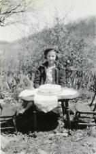 PS355 Vtg Photo GIRL WITH BIRTHDAY CAKE, CHILD'S TABLE c Early 1900's picture