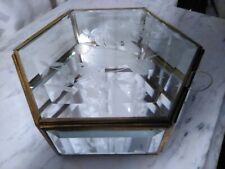 Vintage Etched Crystal Brass Hinged Trinket Box, Mirror On Bottom picture