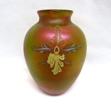 Antique Harrach Orchid Iridescent Favrille Art Glass Vase w/ Enamel & Gilt  XLNT picture
