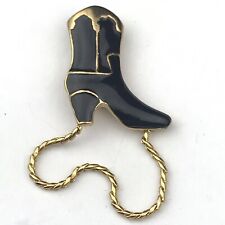 Cowboy Boot Southwestern Pin Brooch Vintage Gold Tone Black Enamel Metal Rope picture