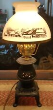 Vintage Cast Iron Pot Belly Stove Lamp With Currier And Ives Milk Glass Shade picture