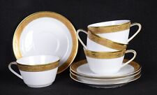 (4) HUTSCHENREUTHER - SELB #9645 NOBLESSE Gold 22KT & White CUPS & SAUCERS 5.5