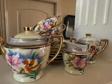 Vintage Japan Lusterware Petite Tea Set Hand Painted Tropical Flowers 12 Pieces picture