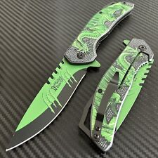 8.75” Tactical Green Dragon Engraved Spirng Assisted Open Pocket Knife Hunting picture