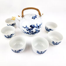 Vintage OMC Teapot with Rattan Handle Blue Blossom  & 5 cups Made in Japan picture
