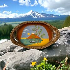Vintage Handcrafted Wicker Bamboo Basket Fuji Mountain Hand Painted Decor 15” picture