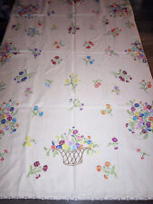 Vintage BEAUTIFUL Linen Hand Embroidered Flowers & Basket Tablecloth 49