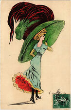 PC ARTIST SIGNED, SHEEP, GLAMOUR LADY, HUGE HAT, Vintage Postcard (b50776) picture