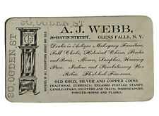 VINTAGE ANTIQUE DEALER TRADE CARD AJ WEBB GLENS FALLS CLOCKS COINS WAR RELIC B20 picture