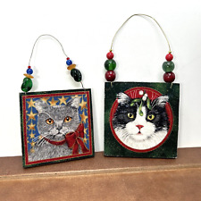 Set of 2, Christmas Cat Wood Plaques Beaded Hanging Ornament Vintage Holiday picture