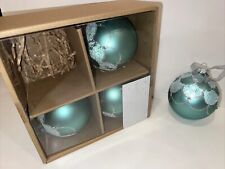 34th & Pine Large Aqua Blue Silver Glittery Glass Christmas Ornaments 4” Set 4 picture