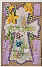 Easter Vintage Postcard Cross Series 4 Girl Hat Swan Daffodils Gold 1911 picture