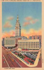 Cleveland OH Ohio, Hotel Terminal Tower & US Post Office, Vintage Linen Postcard picture