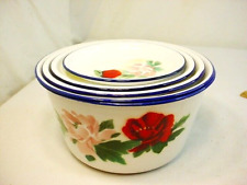 8 Pc. Vtg Floral Enamelware Plate Bowl Set Swallow Brand Flowers Nesting EUC FSh picture