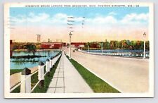 c1930s~Menominee MI~Marinette WI~Interstate Bridge~Cars~City~River~VTG Postcard picture