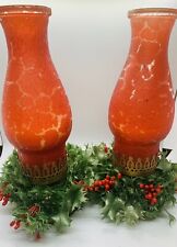 (2) 12” Vintage Frosted Hurricane Red Lamp Wax Candle w/base & Greenery 1960’s picture