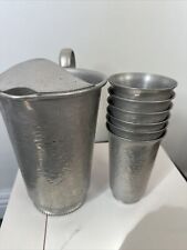 VTG Hammered Metal Pitcher With Five Aluminum Glasses picture
