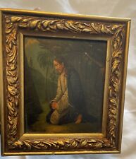 Antique 19 Th C Jesus Painting Painting On Tin Gilt Wood Frame 7”x 6” Religious picture