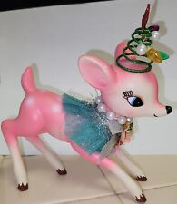 FABULOUS Pink Festive Christmas Hat REINDEER Figurine w/eyelash & pearl necklace picture