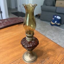 Vintage Miniature Oil Lamp Amber Glass and Chimney Brass Base Hong Kong picture