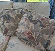 Pair Of Vintage Pastel Tropical Leaf Tapestry Woven Throw Pillows With Fringe picture