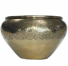 Solid Brass Bowl Hand Etched 6.5” Tall 9” Opening 10.5” Dia At Widest Vtg India picture