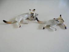 Pair of Vintage Miniature Porcelain Siamese Cat Figurines Grooming & w/ Mouse picture