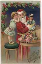 Little Girl with Santa Claus~Toys~Dolls~Antique Embossed~Christmas Postcard~h916 picture