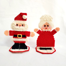 Vintage Santa Mrs. Santa Claus Plastic Canvas Yarn Standing Christmas Figures picture