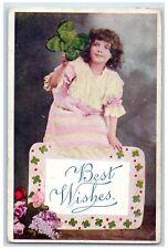 1909 Best Wishes Girl With Shamrock Studio Portrait Waggoner IL Antique Postcard picture
