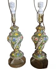Pair Of Italian Capodimonte Gold Gilt Floral Swirl Koi Brass Table Lamp SIGNED picture