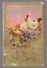 Early 1900s Easter Postcard, Roosters, Flowers Floral, Antique, Vintage, Retro picture