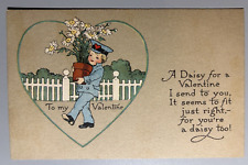 Antique Postcard Valentine Boy Sailor Suit Carrying Pot Daisies 1908-1915 picture