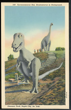 1940's T-Rex and Brontosaurus Dinosaur Park Rapid City SD Roadside Postcard RS picture