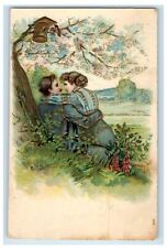 c1910's Sweet Couple Tree Branch Flowers Birds Cage Germany Embossed Postcard picture