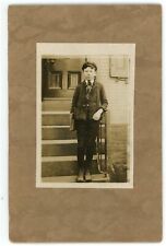 CIRCA 1900'S Rare CABINET CARD Handsome Young School Boy Holding Books on Steps picture