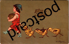 1908 EASTER GREETING, child & golden egg, 3 chicks,  W. Langner postcard jj245 picture
