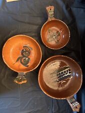 VINTAGE Set of 3 FRY PANS Hand Painted REDWARE TERRACOTTA CLAY/GRIMM-MEXICO picture