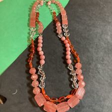 26” Glass Quartz And Plastic Double Strand Pink Clear And Orange Beaded Necklace picture