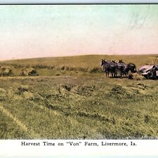 c1910s Livermore, IA Harvest Time Von Farm Reaper Horse Litho Photo Postcard A25 picture