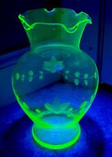 Beautiful Vintage 6” Uranium Green Depression Glass Etched Vase picture