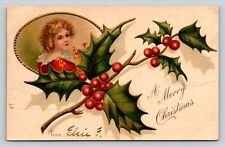 c1905 Girl Holly Inset Merry Christmas P391 picture